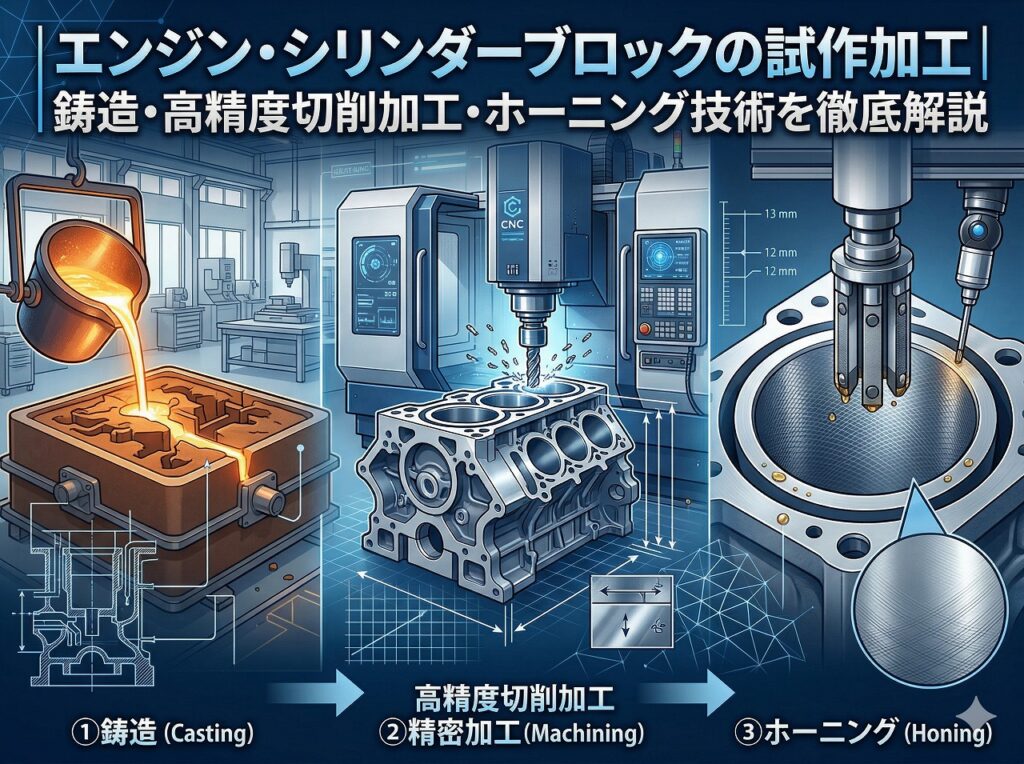 エンジン・シリンダーブロックの試作加工｜鋳造・高精度切削加工・ホーニング技術を徹底解説｜アルミ・鉄鋳物 高精度切削加工.com