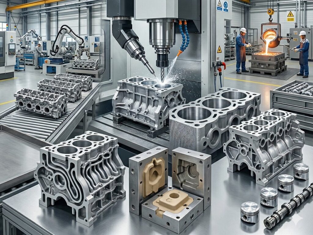 自動車エンジン部品の鋳造・機械加工プロセスとアルミニウム合金の役割|アルミ・鉄鋳物 高精度切削加工.com